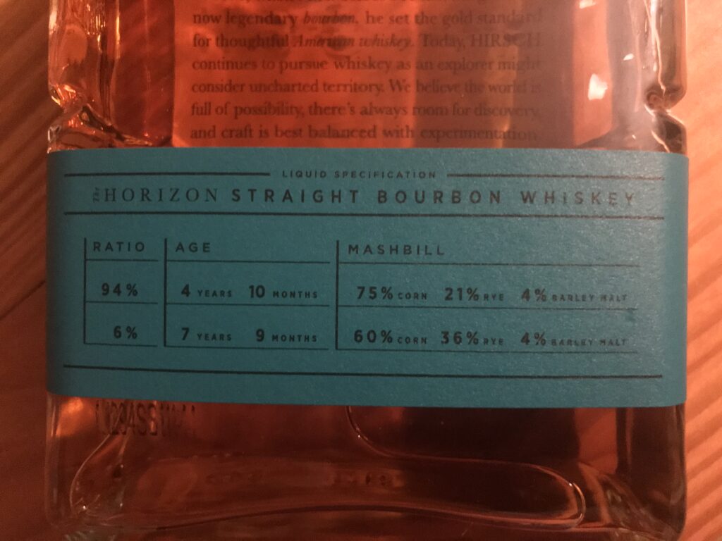 Rear view of Hirsch Whiskey Bottle with label.