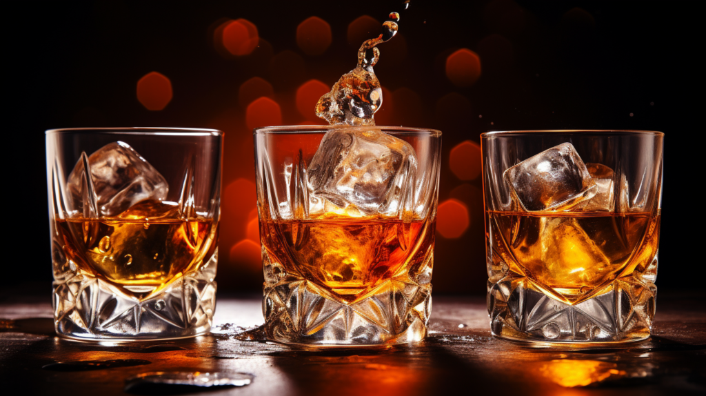 pouring whiskey into three glasses with ice