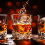 pouring whiskey into three glasses with ice