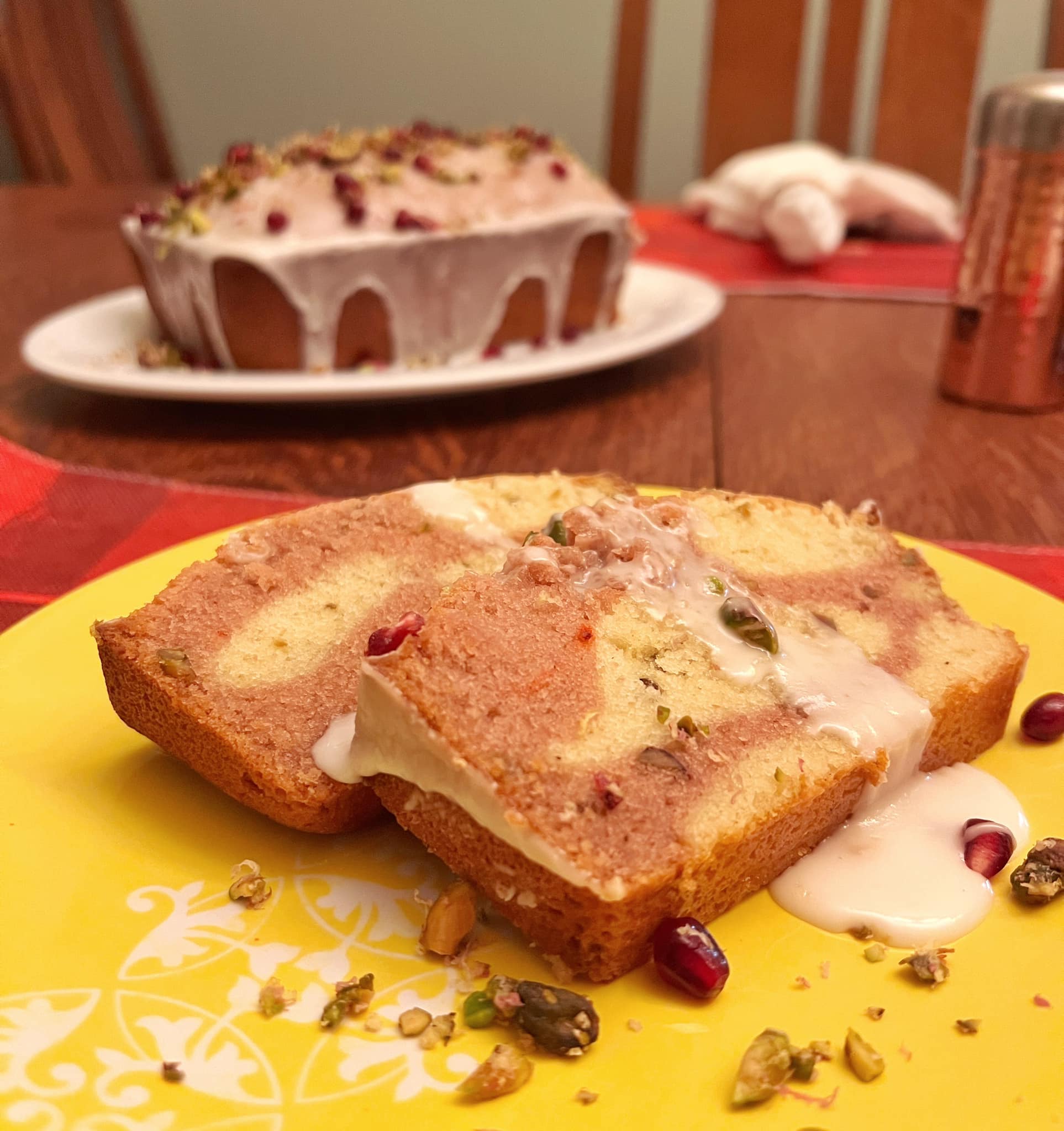 Lemon Pomegranate Pistachio Pound Cake with Irish Whiskey Glaze