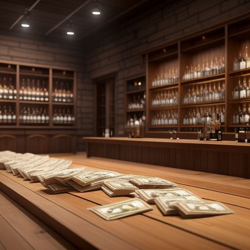 Cash in front of whiskey bottles on shelves